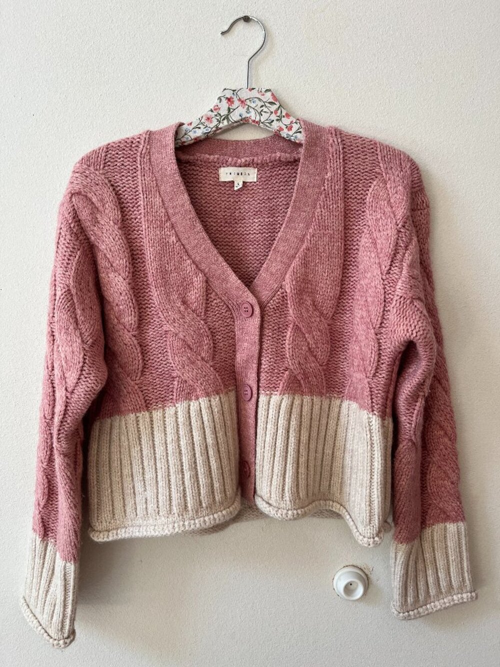 Promesa Pink and Cream Colorblock Cable Knit Sweater Cardigan